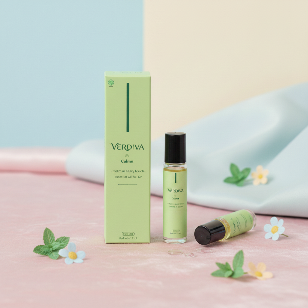 Verdiva Calma — kemasan di meja marmer